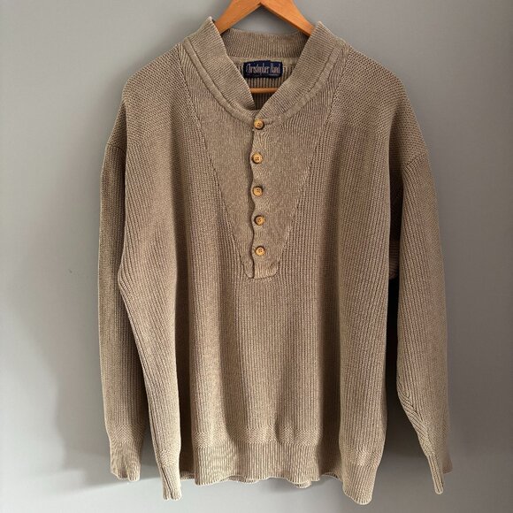 Vintage 90s Khaki Taupe Henley Sweater - Picture 1 of 8